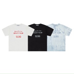 夏のACNE半袖男女復古は古い1996文字のプリントをして縁を染めて丸首tシャツのカップルをすりむいた