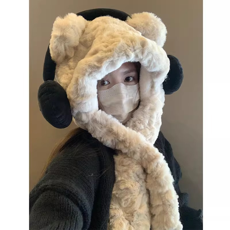 두꺼워진 귀여운 이어폰, 곰 모자, 스카프, 일체형 봉제 귀 보호, 레이펑 모자, 후드, 따뜻하고 봉제