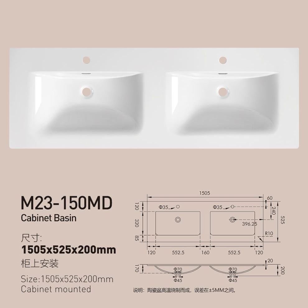 Lavabo de baño, lavabo individual, lavabo integrado de cerámica, lavabo de lado delgado, mesa simple, lavabo izquierdo y derecho, esquinas cortadas