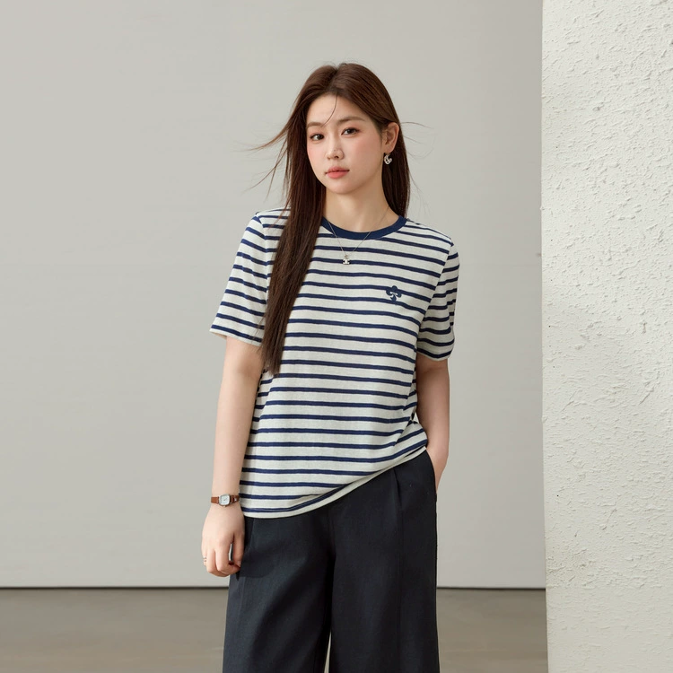 [Звездная ночь, морской бриз] Love Summer Style, полосатая футболка с круглым вырезом, самая подходящая для сочетания, Slim Show, женская летняя одежда больших размеров, новый стиль