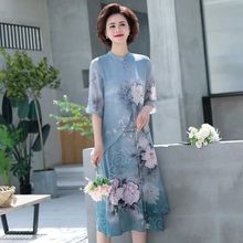 中老年印花雪纺连衣裙妈妈夏装过膝中长款阔太太洋气中老年女装