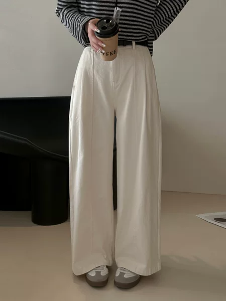 Highly Recommended! Korean-Style Simple and Comfortable Beige Cotton Pants for Women, 2026 Early Spring New Straight-Leg Pants