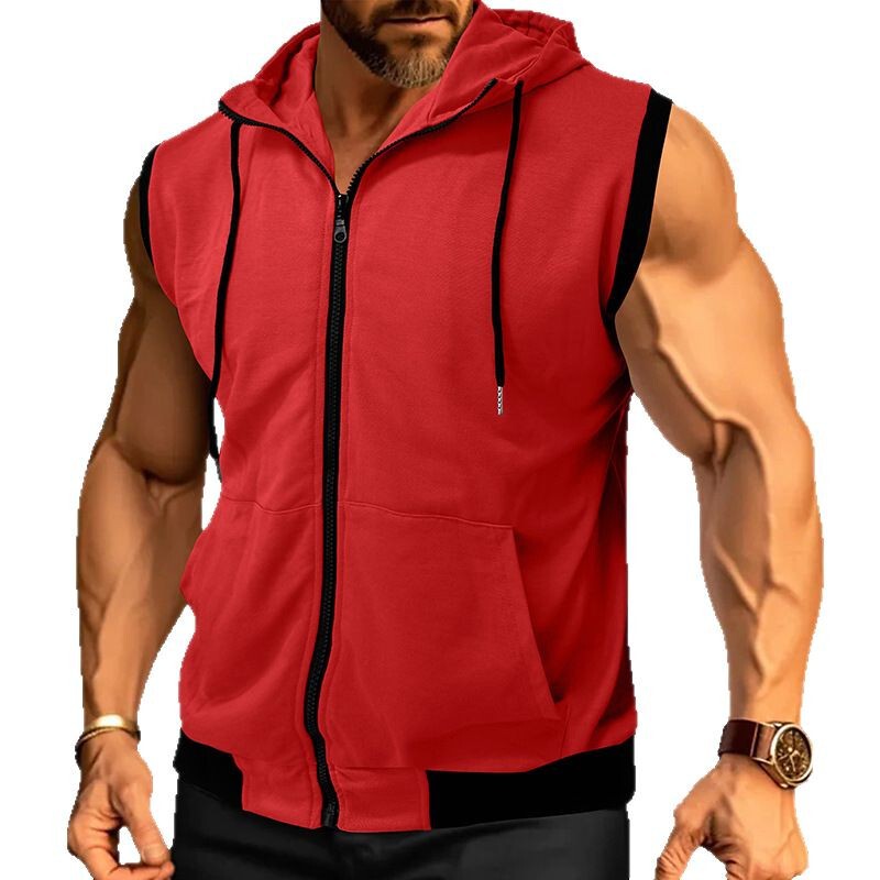 2025 Hot-Selling Double-Layer Hooded Versatile Sleeveless Zip-Up Cardigan Men's Sweatshirt Color-Blocked Casual Fashion Sportswear