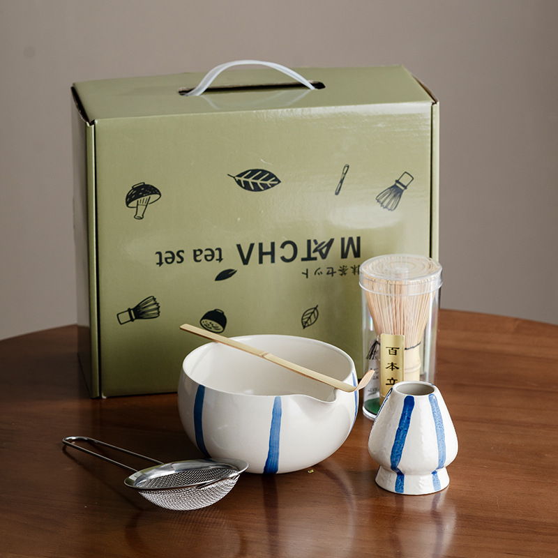 【파랑 흰색 스트라이프】 둥근 아치형 배 모양 말차 볼 5종 세트 (선물 포장)