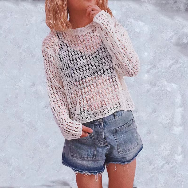 2023 cross-border Amazon leisure beach sunscreen blouse crew neck long sleeve hollow simple pullover sweater