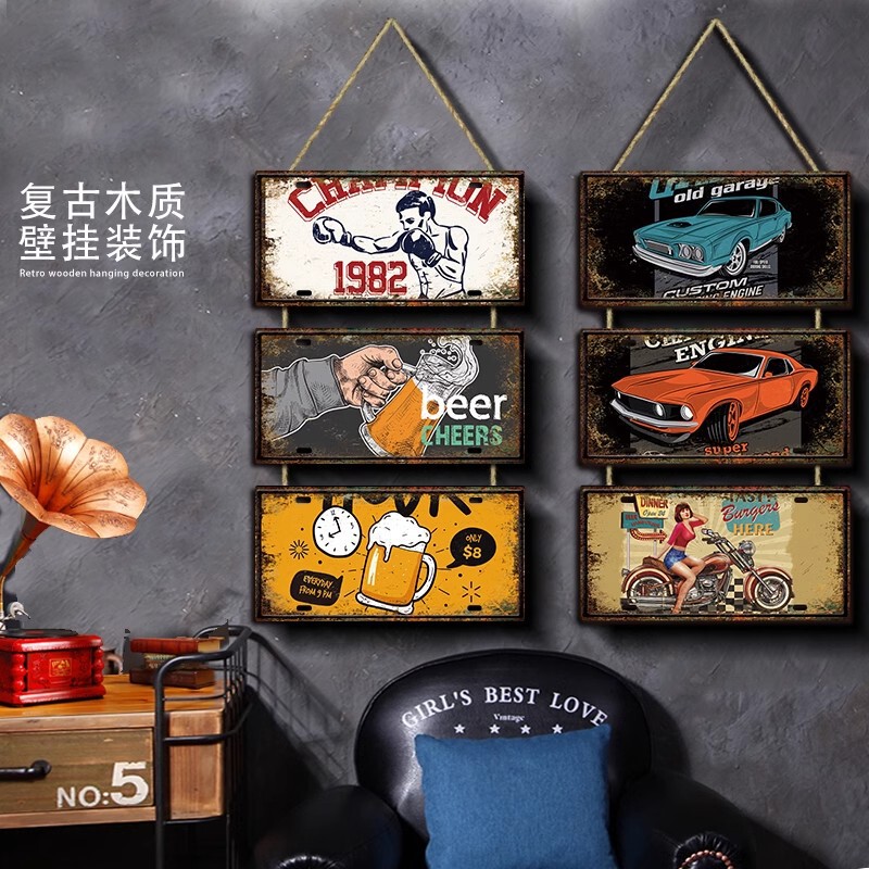 Wooden American Retro License Plate Decoration Hanging Catering Industrial Style Wall Decoration Bar Barbecue Cafe Creative Decoration Wooden American Retro License Plate Decoration Hanging Catering Industrial Style Wall Decoration Bar Barbecue Cafe Creative Decoration