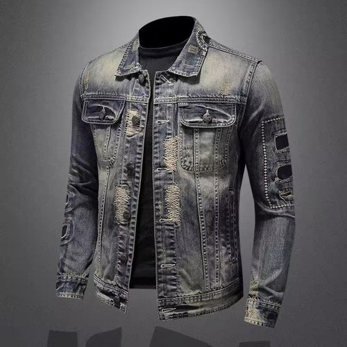Men's Spring and Autumn American Retro Distressed Trendy Slim Fit Motorcyclist Jacket Workwear Casual Top