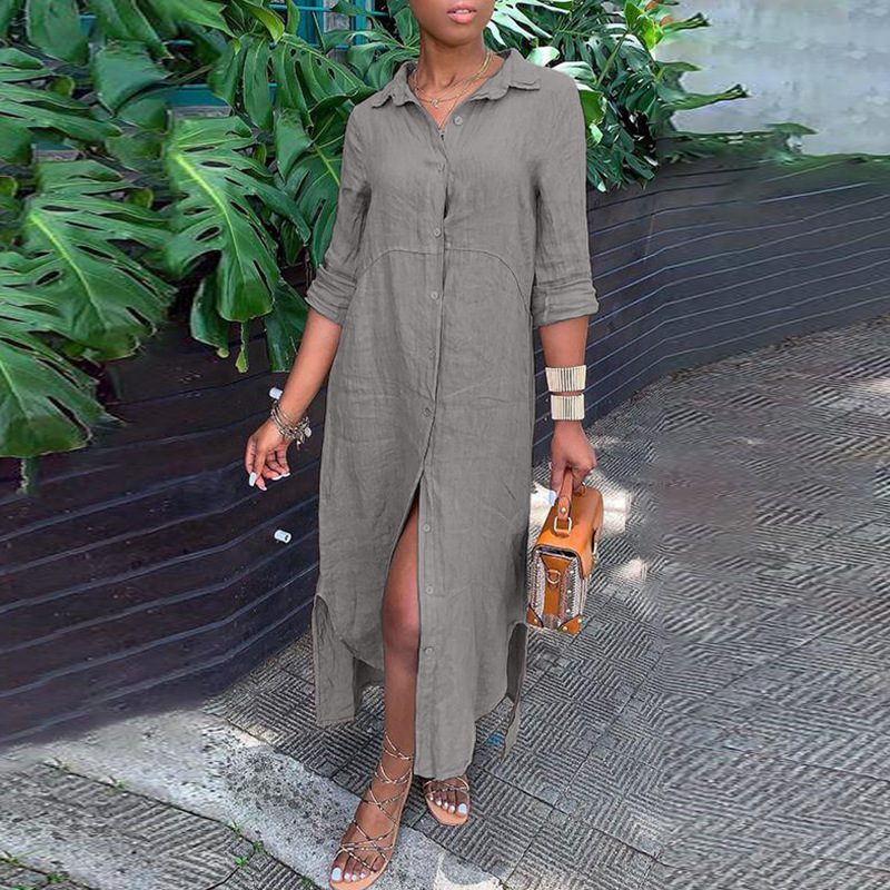 Damen Langarm Kleid Aus Leinen Und Baumwolle Mit Knopfleiste_voghion.com