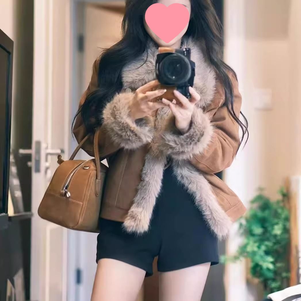 2024 새로운 달콤한 귀여운 가짜 폭스 모피 코트 여자 짧은 두꺼운 데님 모피 코트 겨울
