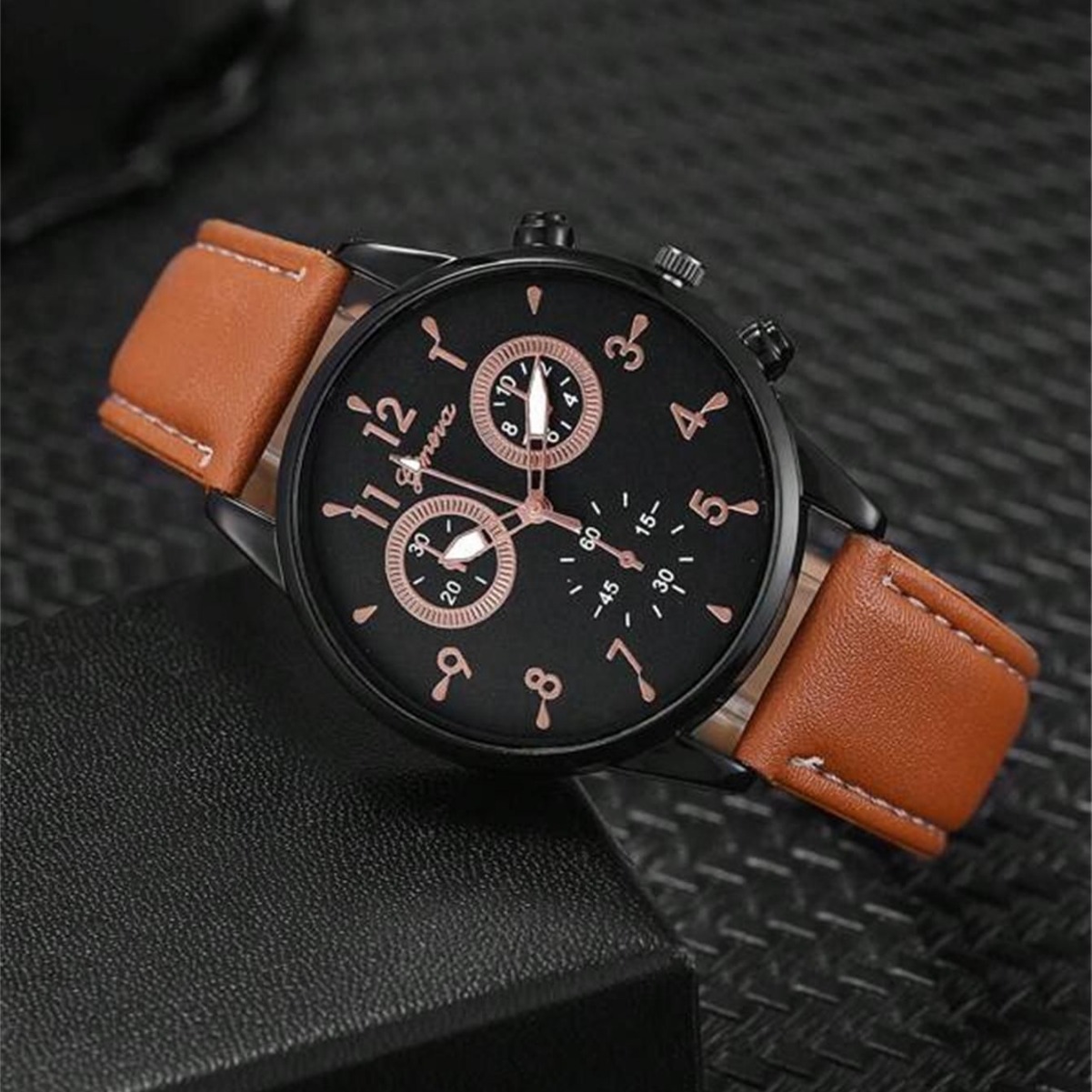 Herren Quarzuhr Casual Zwei Augen PU Lederuhr Mode Allgleiches Quarz Business Watch Anzug Gewebtes Armband_voghion.com