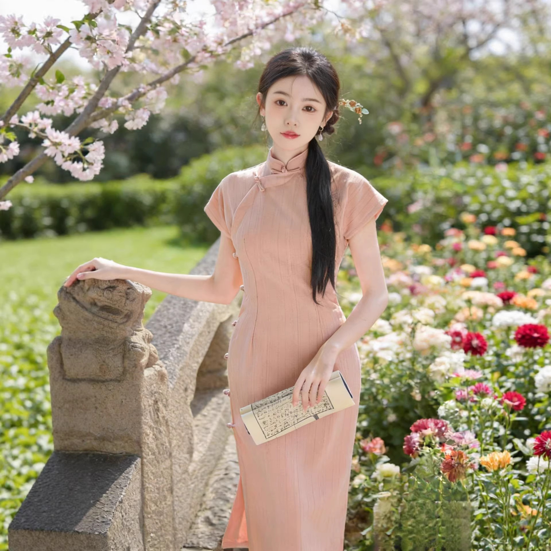2026春夏新款国风少女粉色舒适透气文艺TR棉中长连肩袖改良旗袍