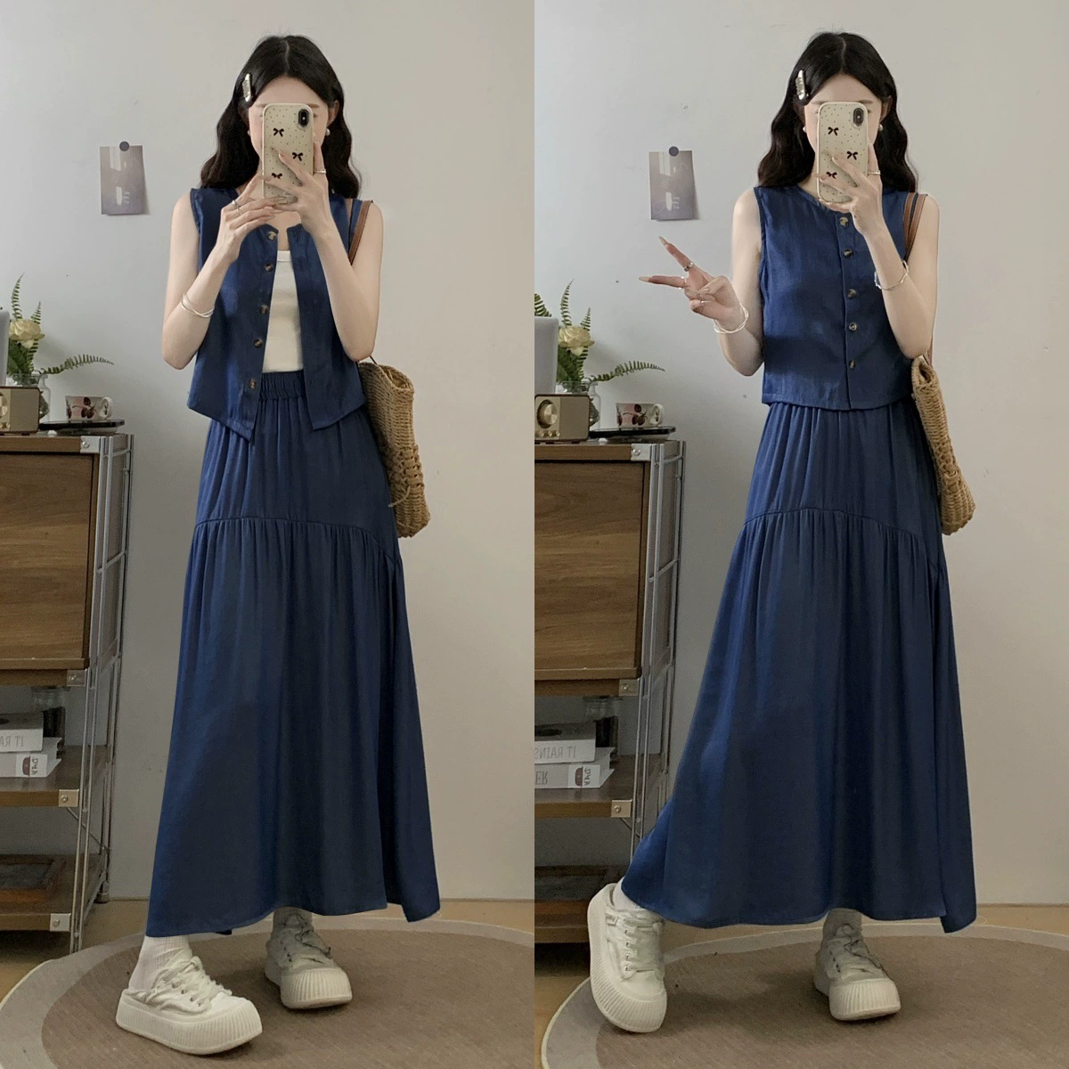 Синяя жареная улица модная юбка женская маленькая девочка 2025 новый французский жилетка топ бюст юбка из двух частей