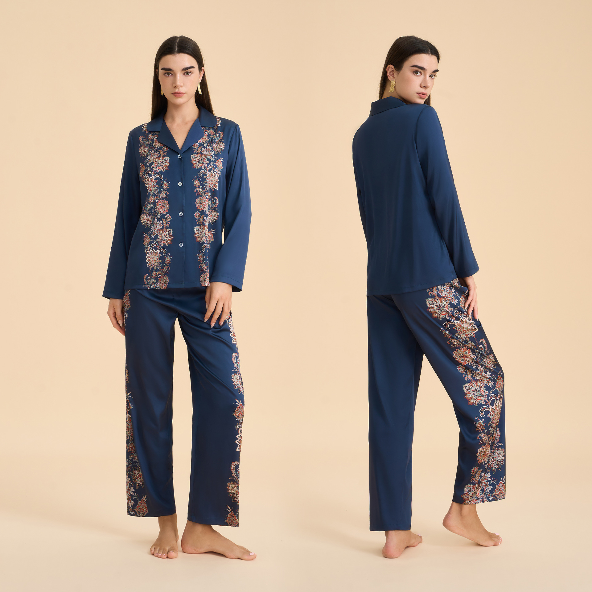 Conjunto de Pijama de Satén para Mujer TZ3999 de Chifón con Estampado y Cuello Solapa para Casa y Exterior