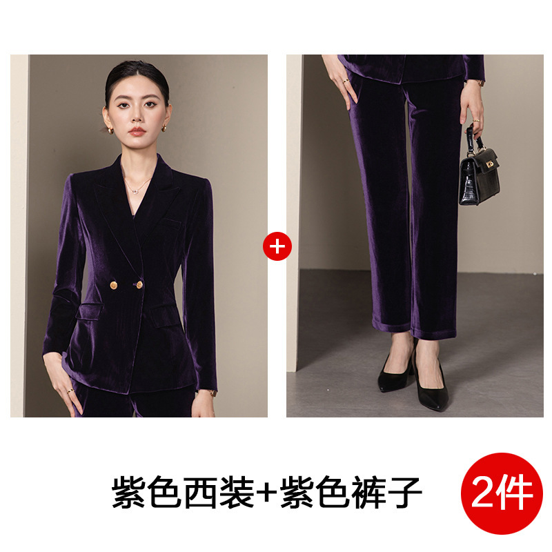 高端酒红色丝绒西装套装女春职业装气质女神范上班工作服正装西服|undefined