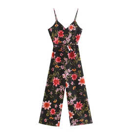 跨境女装2025欧美风夏绚丽大花印花开叉吊带连体长裤批发