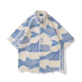 日系vintage复古远古鱼类满印短袖衬衫男女夏威夷度假情侣花衬衣