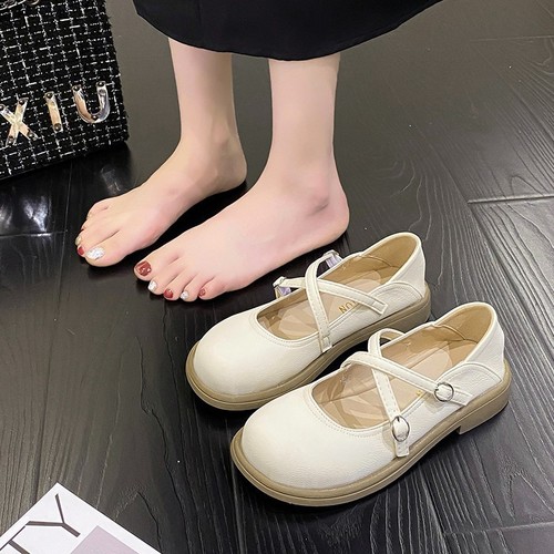 Women's scented shallow mouth small leather shoes with delicate bottom Mary Jane bean thick comfortable summer single shoes with cross straps