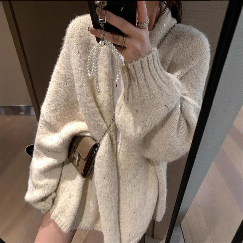 Lazy Style Sequin Knit Cardigan for Women 2025 Autumn and Winter New Cross-Border Thick Soft Loose Sweater Coat Top Lazy Style Sequin Knit Cardigan for Women 2025 Autumn and Winter New Cross-Border Thick Soft Loose Sweater Coat Top