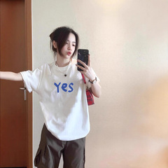 白色纯棉短袖t恤女夏2025新款设计感小众正肩宽松半袖上衣体恤衫