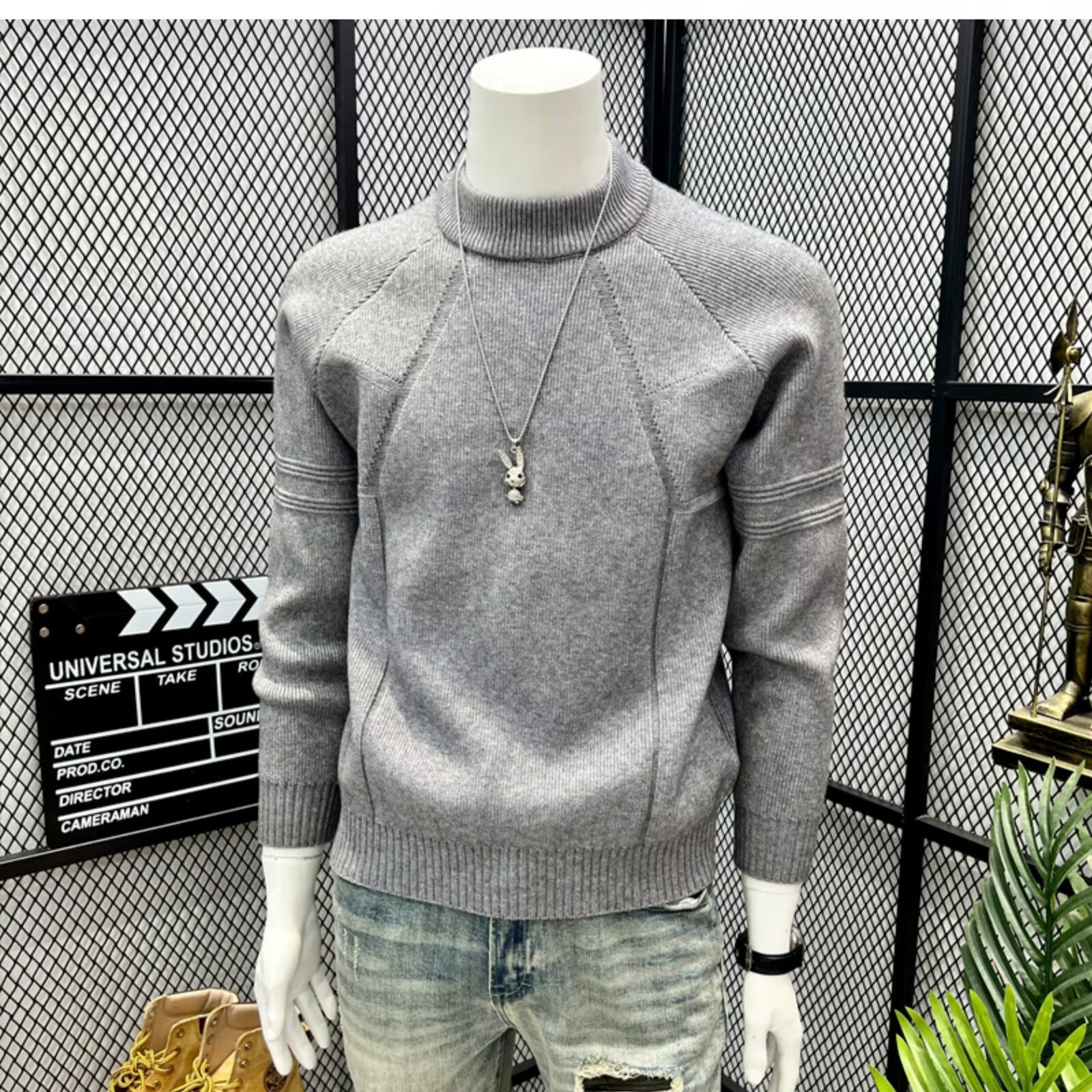 Men's High Neck Sweater Spring Gray Loose Fit Warm Thick Mid Neck Knitted Base Layer_voghion.com