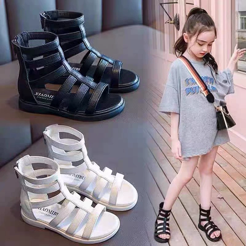 Римские сандалии для девочек 2023 летняя новая стильная детская мода среднего и большого размера с мягкой подошвой, детская обувь принцессы для маленьких девочек, черный