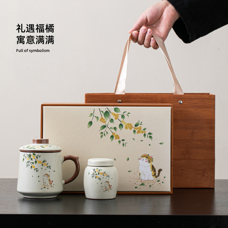猫咪汝窑茶水分离杯家用办公室个人专用女士带盖过滤陶瓷泡茶杯子|undefined