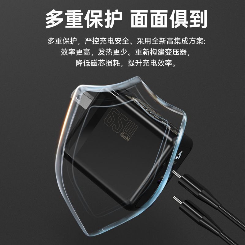 Cargador de nitruro de gallio de 65W estándar para Apple Huawei Dual C puerto pd cabeza de carga rápida certificación ETL