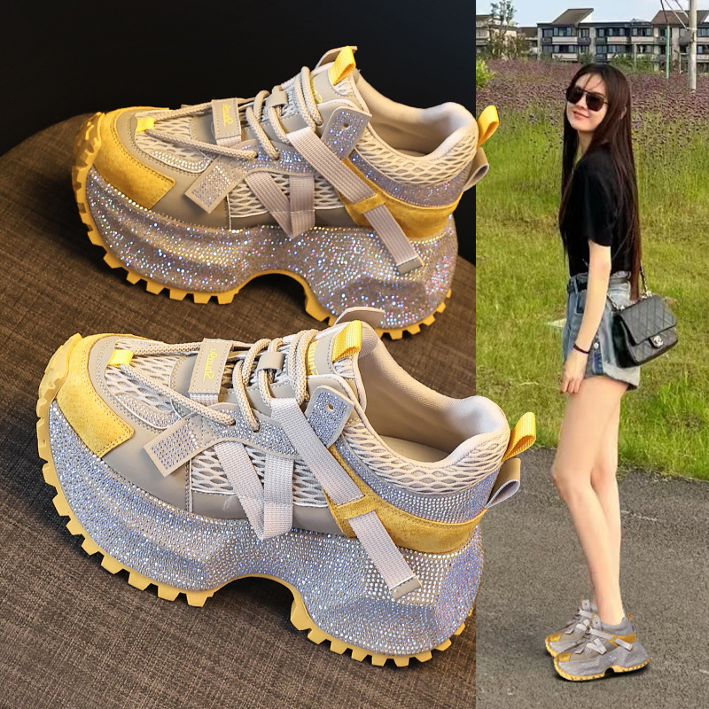 Giày sneaker nữ đế dày đính đá phối màu phong cách bố — đen
