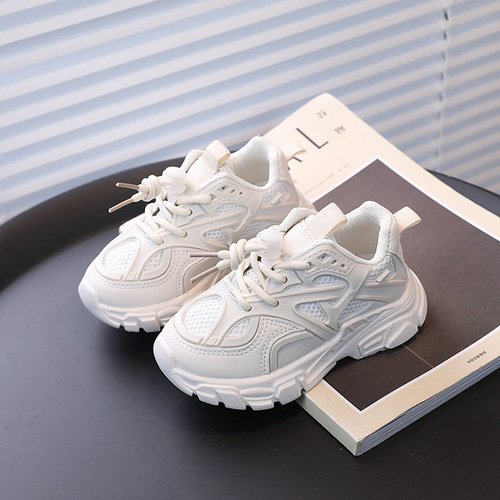 Children's Running Shoes Boys' Dad's Shoes Double Mesh Sports Shoes Breathable White Shoes Casual Shoes 2024 Spring Cross-Border