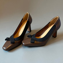 复古风高跟鞋细跟软皮蝴蝶结方头单鞋浅口粗跟单鞋女鞋新款