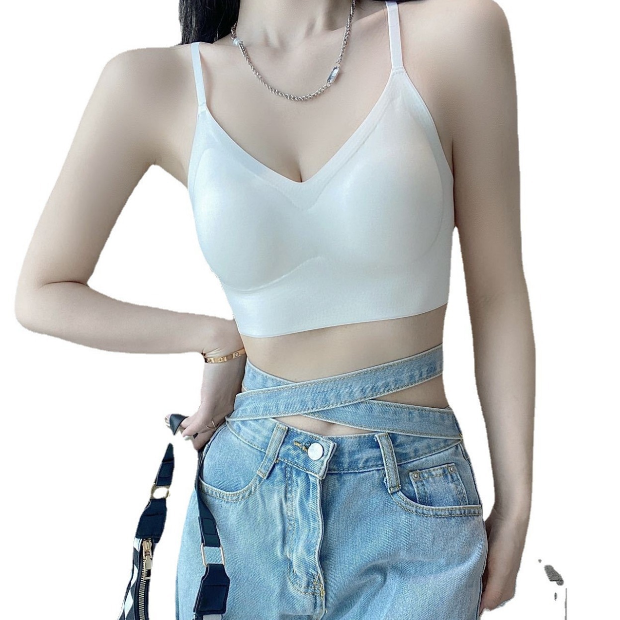 Francés látex triángulo taza belleza espalda ropa interior tres tipos de desgaste sexy elegante pequeño fresco Delgado hombro sujetador femenino verano