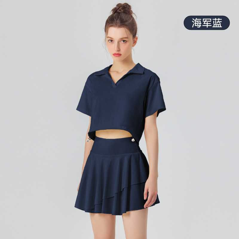 Traje deportivo casual falda verano Mujer nueva protección solar Polo cuello delgado yoga manga corta Camiseta falda conjunto de dos piezas