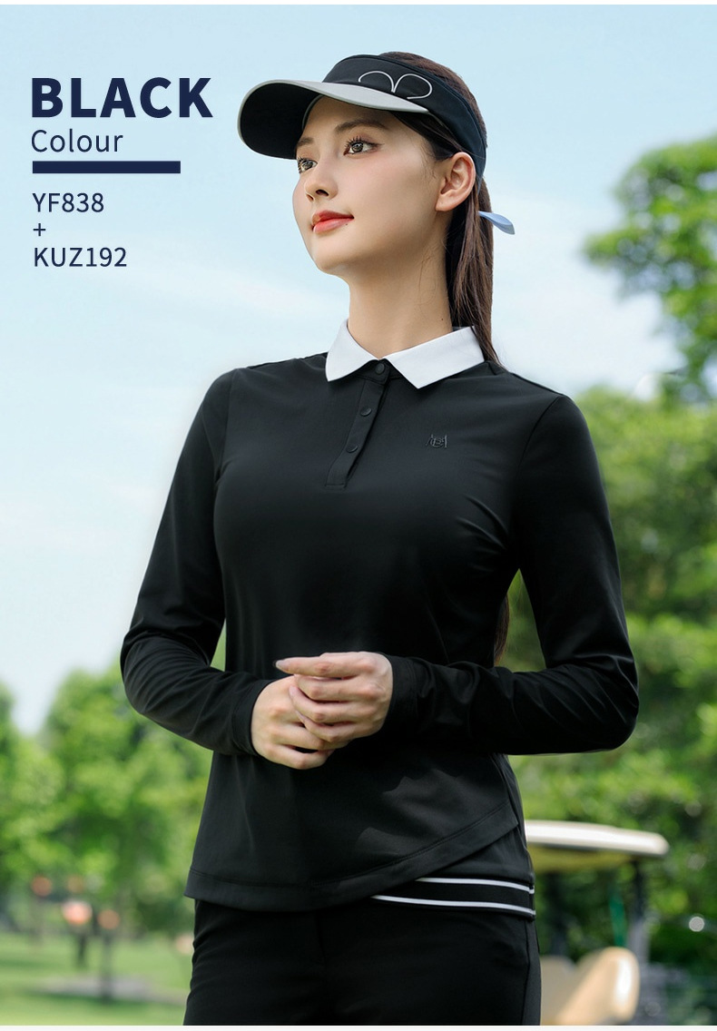Áo polo nữ golf PGM dài tay cổ bẻ viền tương phản co giãn mềm mại — Áo đen [nút cài ve áo/viền có gân tương phản/co giãn và mềm mại] YF838 chi tiết 15