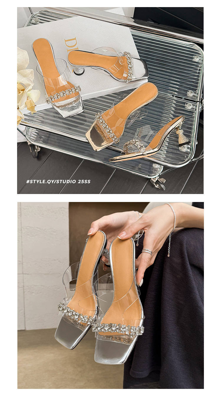Sandal cao gót nữ mũi vuông PVC trong suốt đính đá gót thấp — màu vàng, bạc chi tiết 13