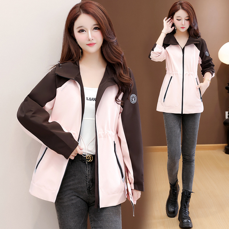 Petite Hooded Trench Coat for Women, New 2025 Autumn Lace-Up Waist-Cinching Patchwork Fashion Casual Parka