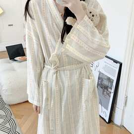 韩系格子纯棉纱布睡袍女条纹V领系带长款宽松慵懒家居服浴袍批发