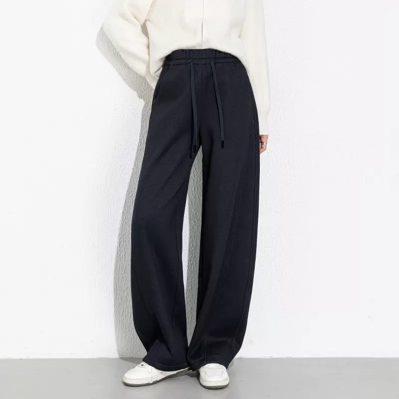 如果2025冬季新款宽松加绒加厚弯刀裤女长款抽绳复合休闲长裤8252