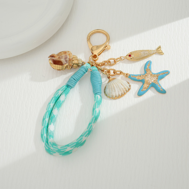 Cross-Border Beach Pendant with Blue Braided Cord, Ocean Alloy Starfish and Shell Pendant, Blue Braided Rope Knot Pendant