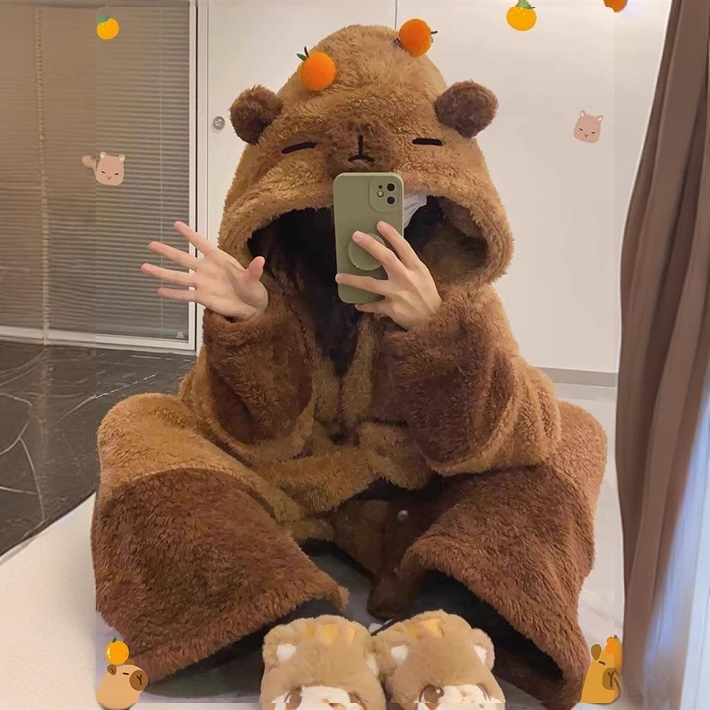 GraceChic GraceChic Coral Fleece Pajamas For Women Kapibara Long Nightgown Girl's Homewear Autumn Winter Bathrobe Thickened And Warm_voghion.com