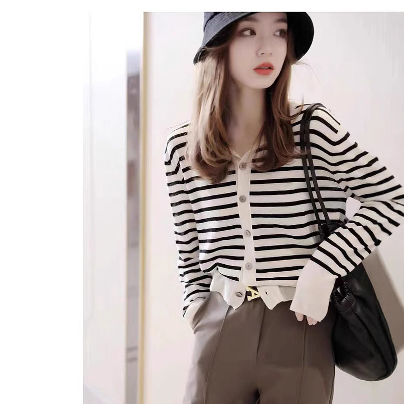 Round Neck Stripesd Worsted Fine Wool Cardigan for Women 2023 Autumn and Winter Regular Knitted Outer Top Long-Sleeved Sweater Jacket