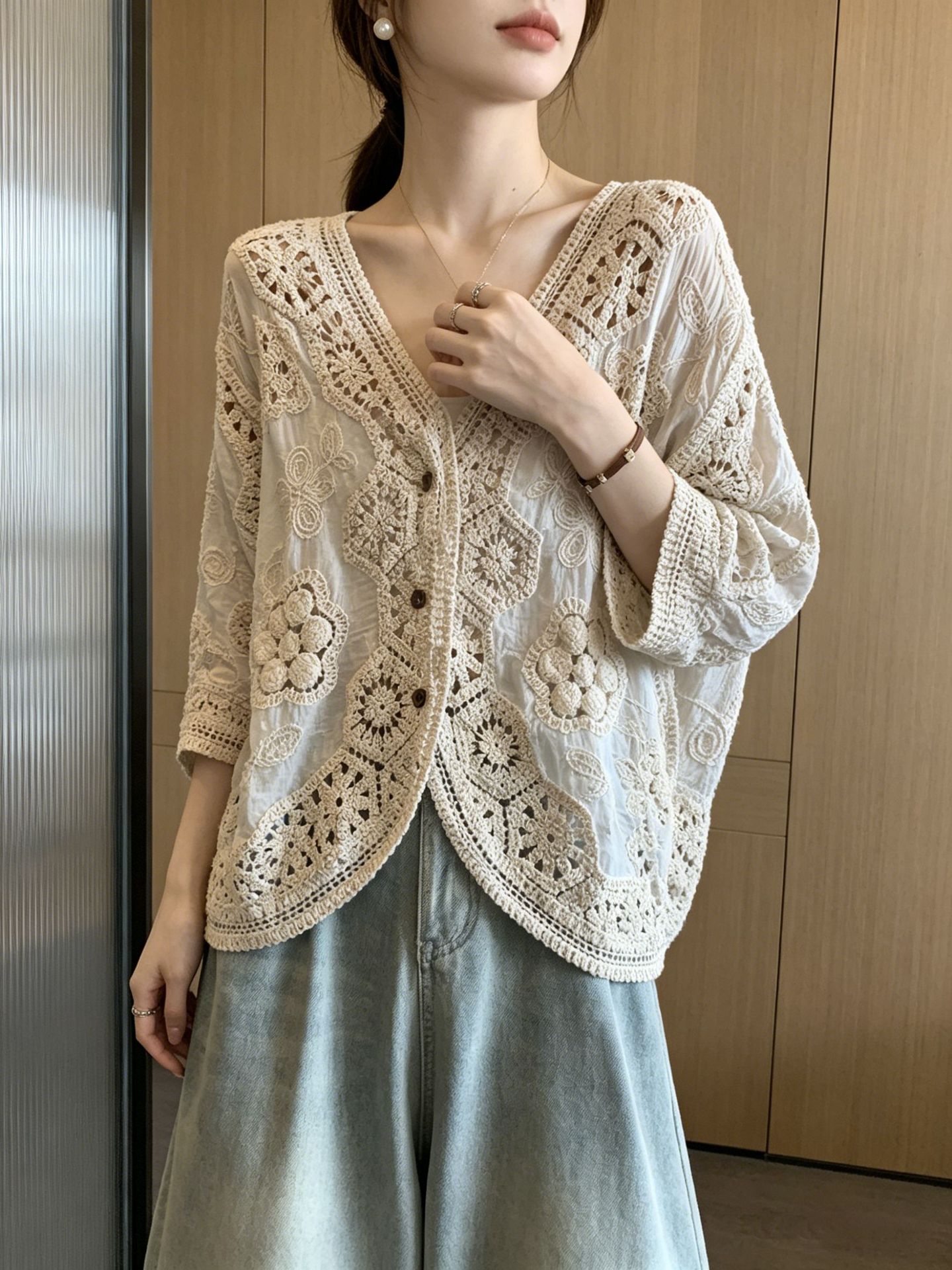 Áo chống nắng hở cổ tay bảy phần nữ phong cách trẻ trung — Màu ảnh chi tiết 6