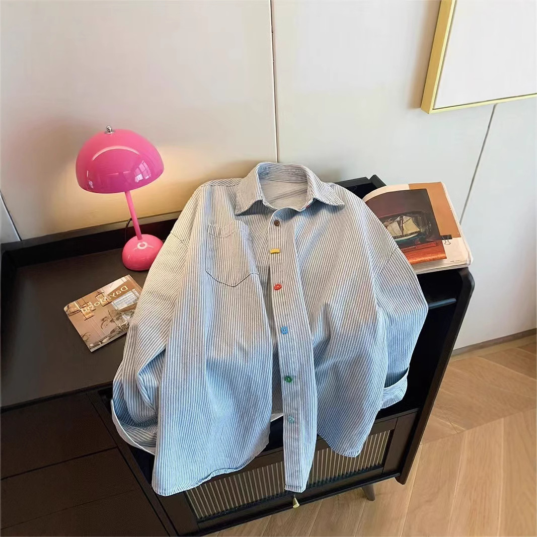 Vintage Simple Color Contrast Denim Striped oversize Loose All-match Polo Collar Shirt Long-sleeved Top with Colorful Buckle