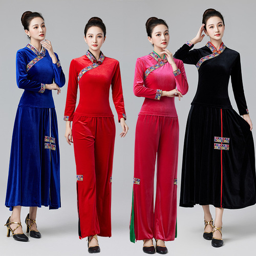 23 New Square Dance Costume with Tibetan Ethnic Embroidery for Middle-Aged and Elderly Women, Classical Dance Performance Suit Set