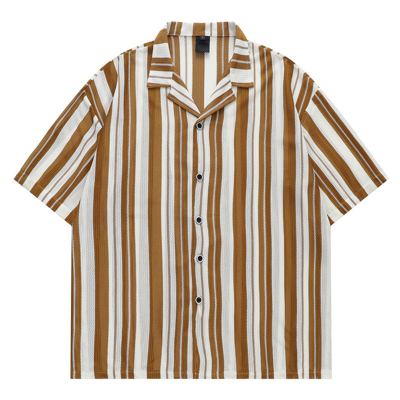 White Vertical Striped Mesh Short-Sleeved Shirt for Men with Cuban Collar, Breathable Cardigan, Summer Resort Style, Loose Casual Shirt White Vertical Striped Mesh Short-Sleeved Shirt for Men with Cuban Collar, Breathable Cardigan, Summer Resort Style, Loose Casual Shirt