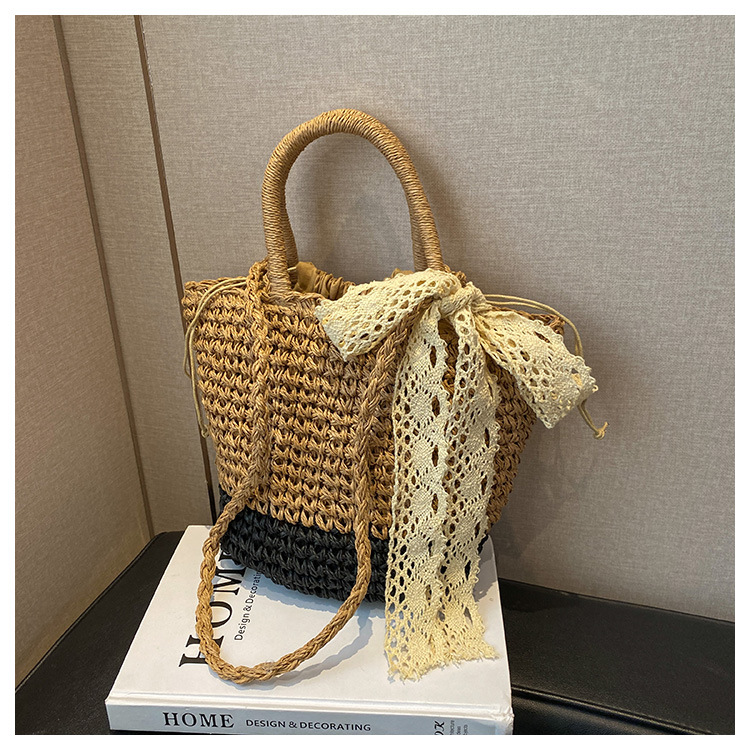 Women's Straw Shoulder Bag With Silk Scarf For Holiday Beach_voghion.com