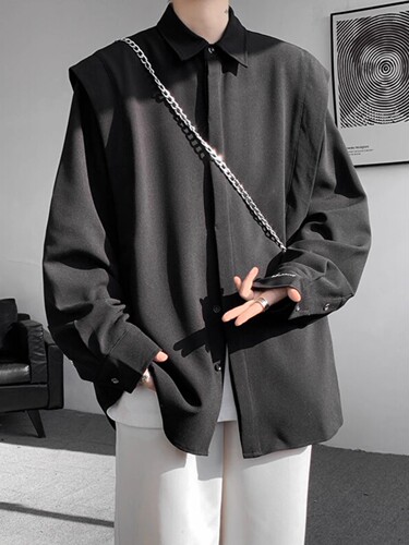 Men's Long-Sleeve Shirt 2025 Spring New Arrival American Streetwear Brand Design-Filled Loose Casual Shirt