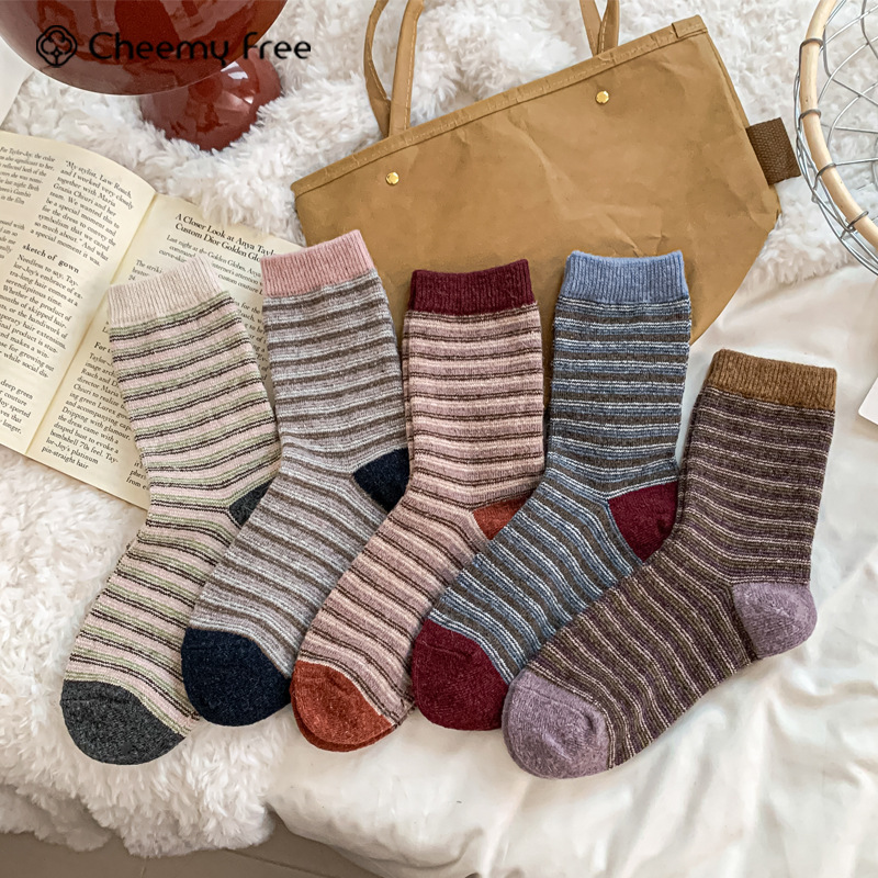 Cheemy Free Autumn and Winter Striped Socks for Women Ins Style Popular Striped Warm Wool Pile Socks