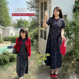 新中式国风樱桃刺绣旗袍2026春大码女装姐妹款无袖连衣裙144132