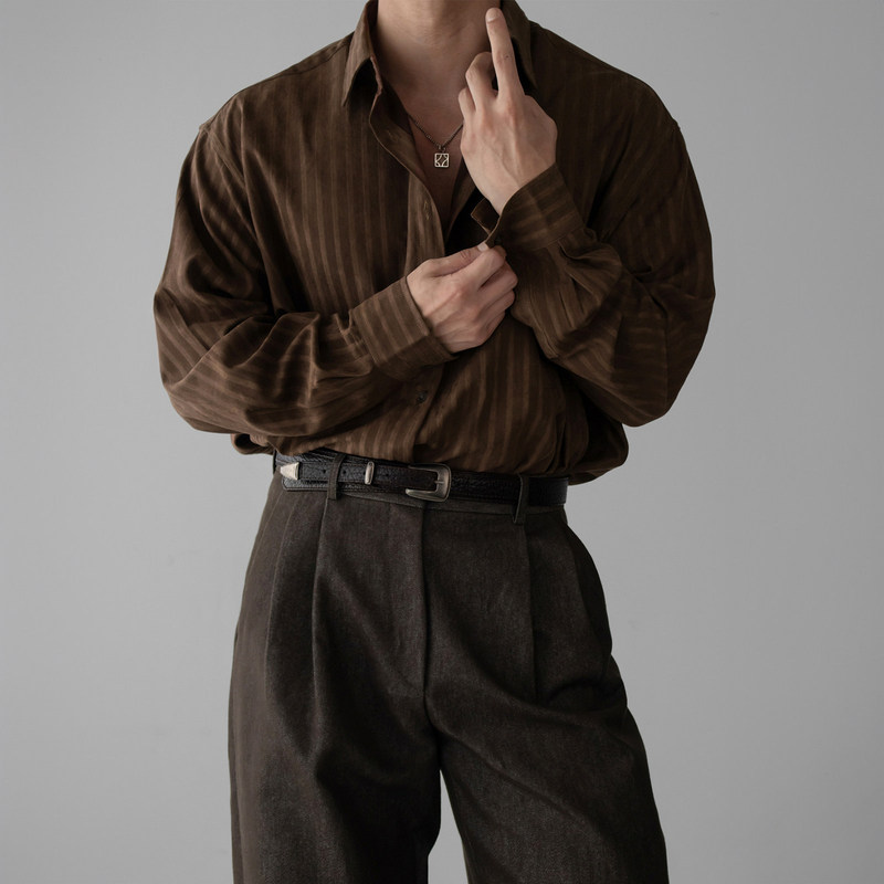 798 Design Brown Striped Casual Long-Sleeve Shirt for Men, Spring Vintage Style, Melard Shirt 798 Design Brown Striped Casual Long-Sleeve Shirt for Men, Spring Vintage Style, Melard Shirt