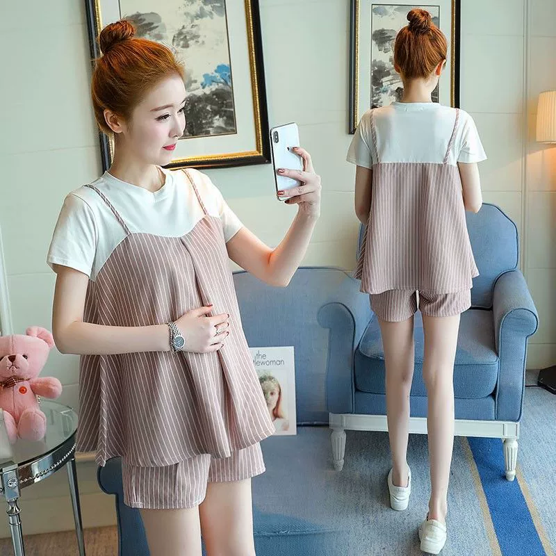 Maternity Two-Piece Set, Women's Summer T‑Shirt & Belly‑Support Shorts, Short Sleeve Loose Fit